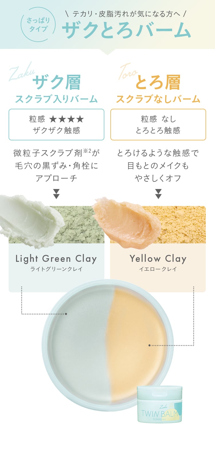さっぱり タイプ テカリ・皮脂汚れが気になる方へ	ザクとろバーム!ザク層スクラブ入りバーム!とろ層スクラブなしバーム